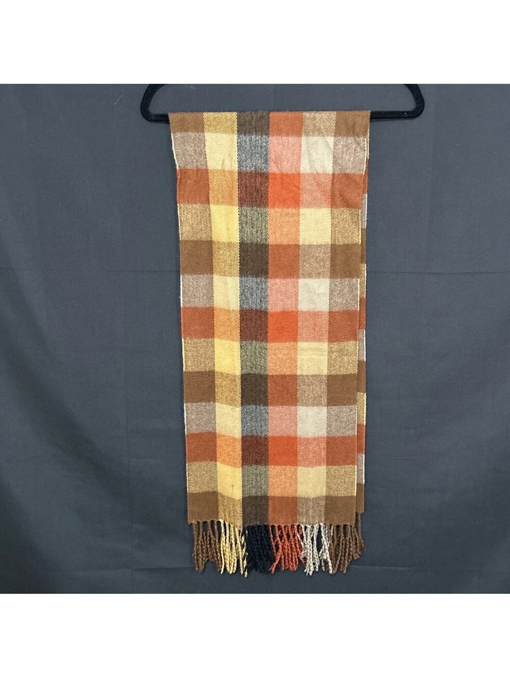 Jeffrey Banks Scarf Mens Chocolate Brown Orange Plaid Fringed Granola Gorpcore
